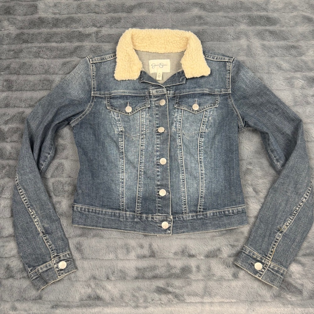 Jessica Simpson Womens Blue Denim Trucker Jacket Faux Shearling Collar Size M
